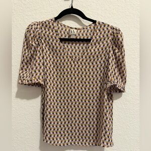 Worthington Geometric Blouse in Black, White, and Tan